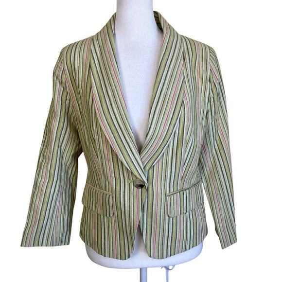 Gibson Y2K Striped Linen Blend Single Breasted Blazer Cropped 3/4 Sleeve Spring - Picture 1 of 16
